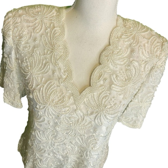 Laurence Kazar Vintage Ivory Pearl Beaded Scalloped Trim Short Sleeve Blouse MP - Picture 3 of 16